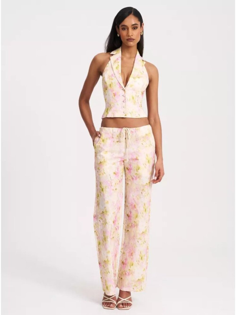 Miss Circle Pink Floral Linen Blend High Rise Drawstring Pants -- Sz Small READ - Picture 2 of 10